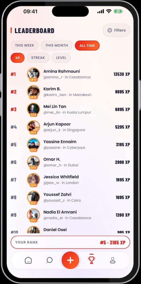 The Fouz leaderboard ranked by all-time XP, showing athletes in Casablanca, Marrakesh, Kuala Lumpur, Singapore, Cyberjaya, Dubai, London and Cairo, with the viewer's own rank pinned at the bottom.