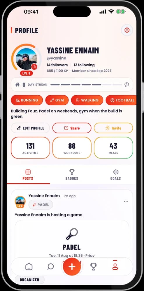 The Fouz profile screen: a level ring around the avatar showing level 6, a 12-day streak, 14 followers and 13 following, 685 of 1100 XP toward the next level, chosen sports, tiles counting 131 activities, 88 workouts and 43 meals, and a posted padel game below.